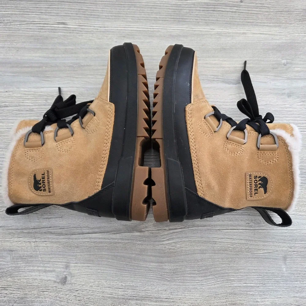 Sorel Tivoli IV Waterproof Winter Boots Tan Black Faux Fur Womens 6.5